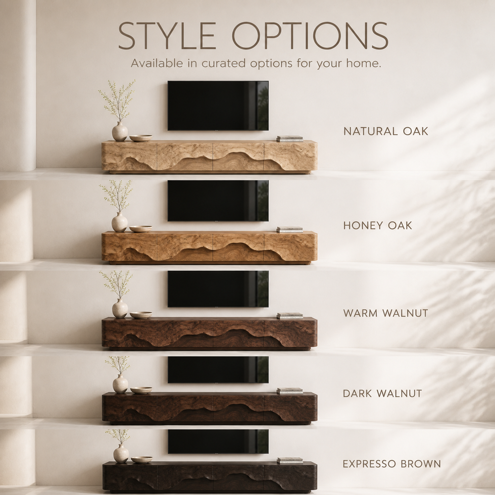 Veyra Sculptural Solid Wood TV Stand - Design 006 - TV stand detail and styling view 10