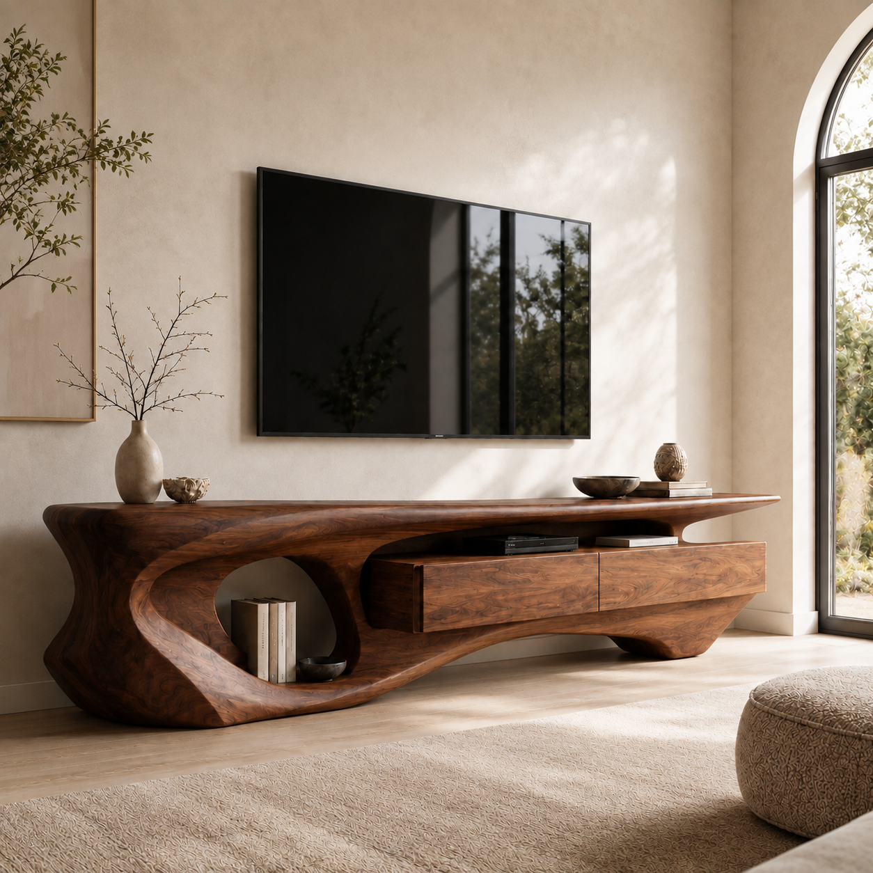 Soren Sculptural Solid Wood TV Stand - Design 007 - premium solid wood TV stand main lifestyle view
