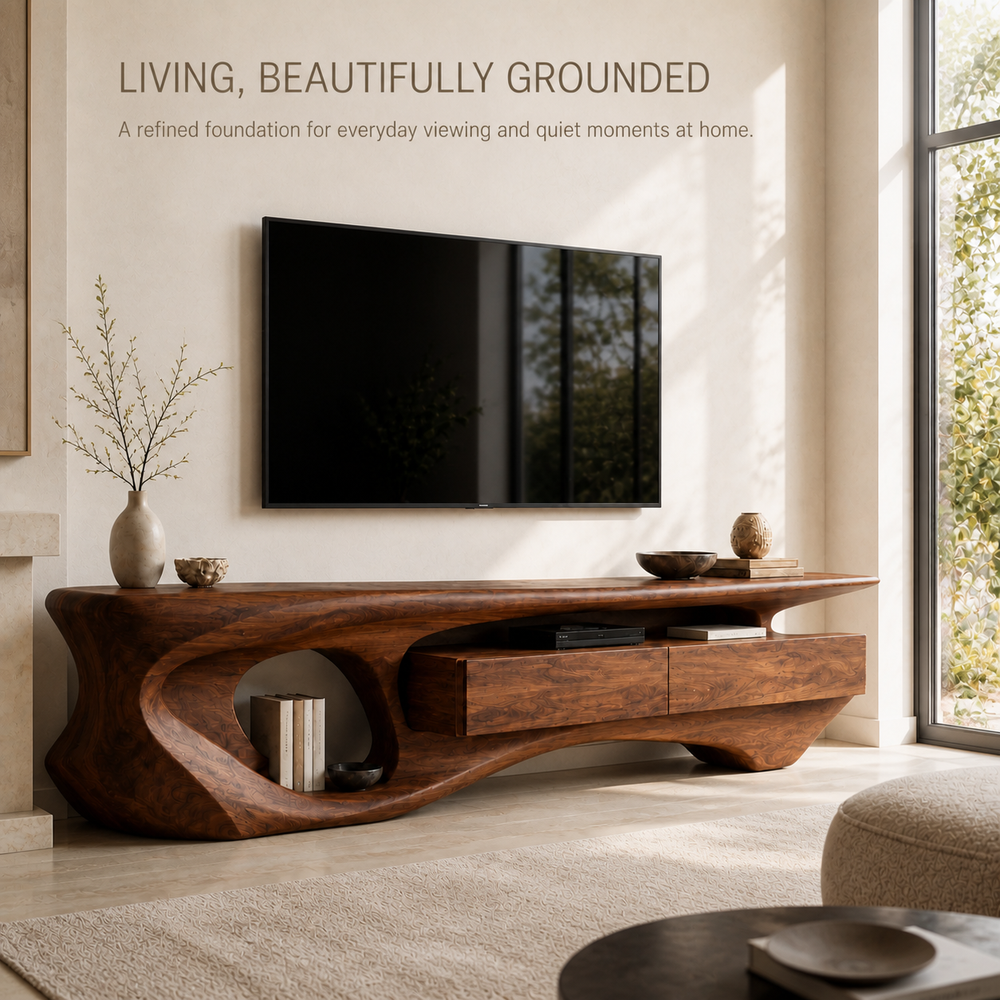 Soren Sculptural Solid Wood TV Stand - Design 007 - TV stand detail and styling view 01
