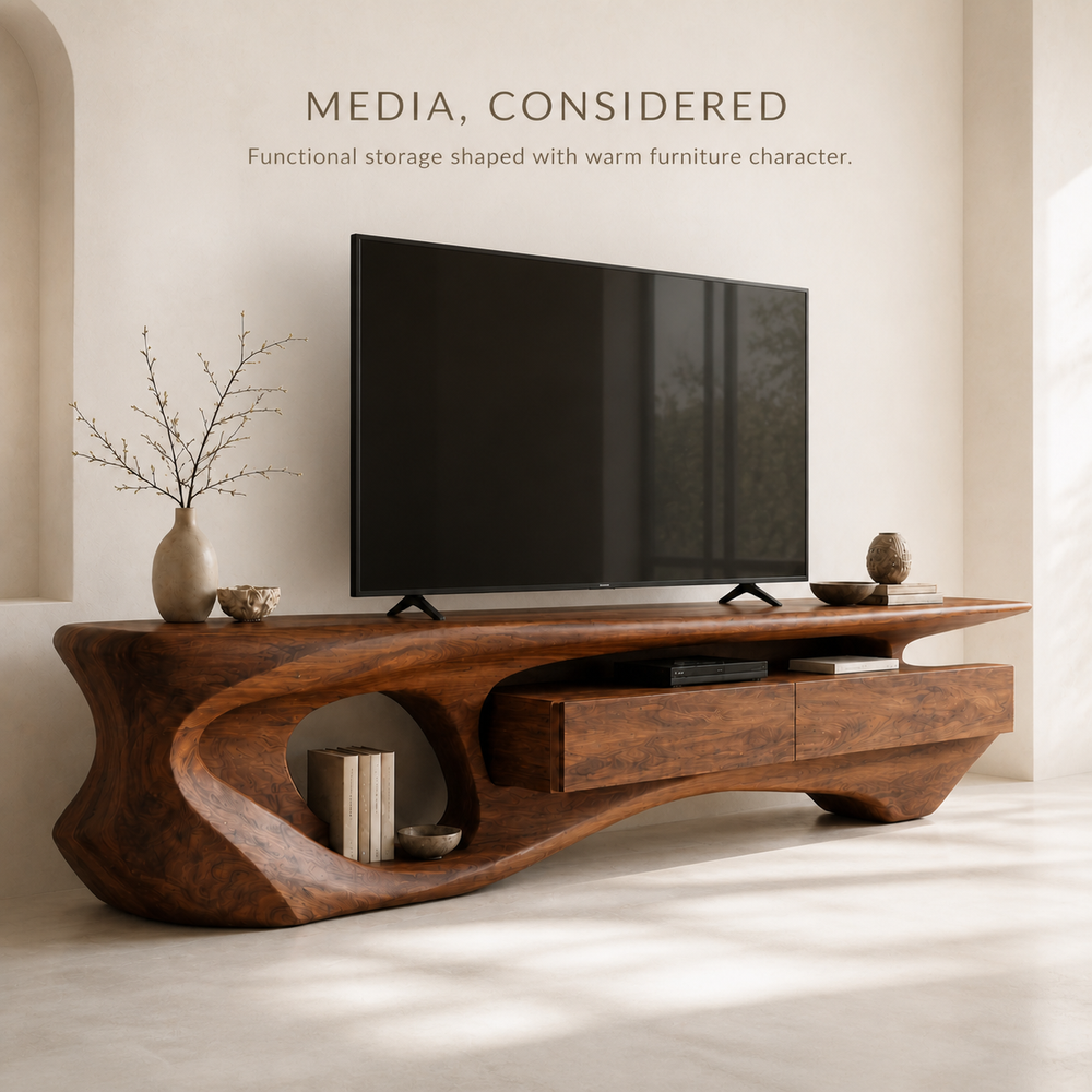 Soren Sculptural Solid Wood TV Stand - Design 007 - TV stand detail and styling view 02