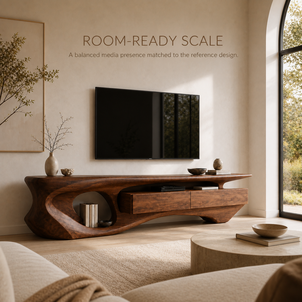 Soren Sculptural Solid Wood TV Stand - Design 007 - TV stand detail and styling view 03