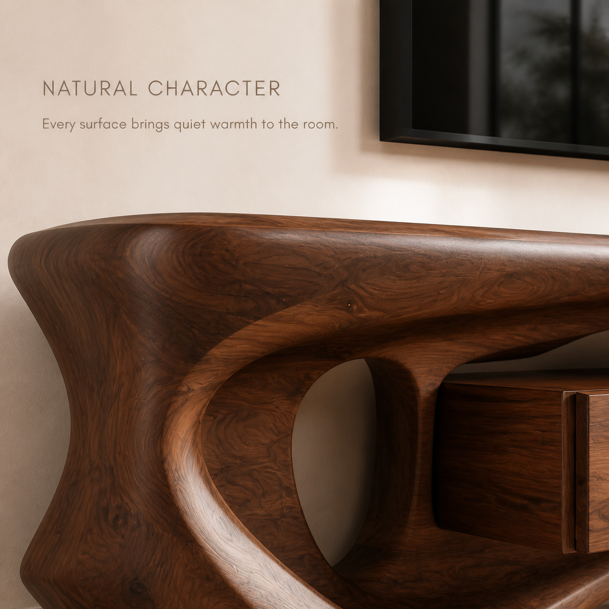 Soren Sculptural Solid Wood TV Stand - Design 007 - TV stand detail and styling view 04