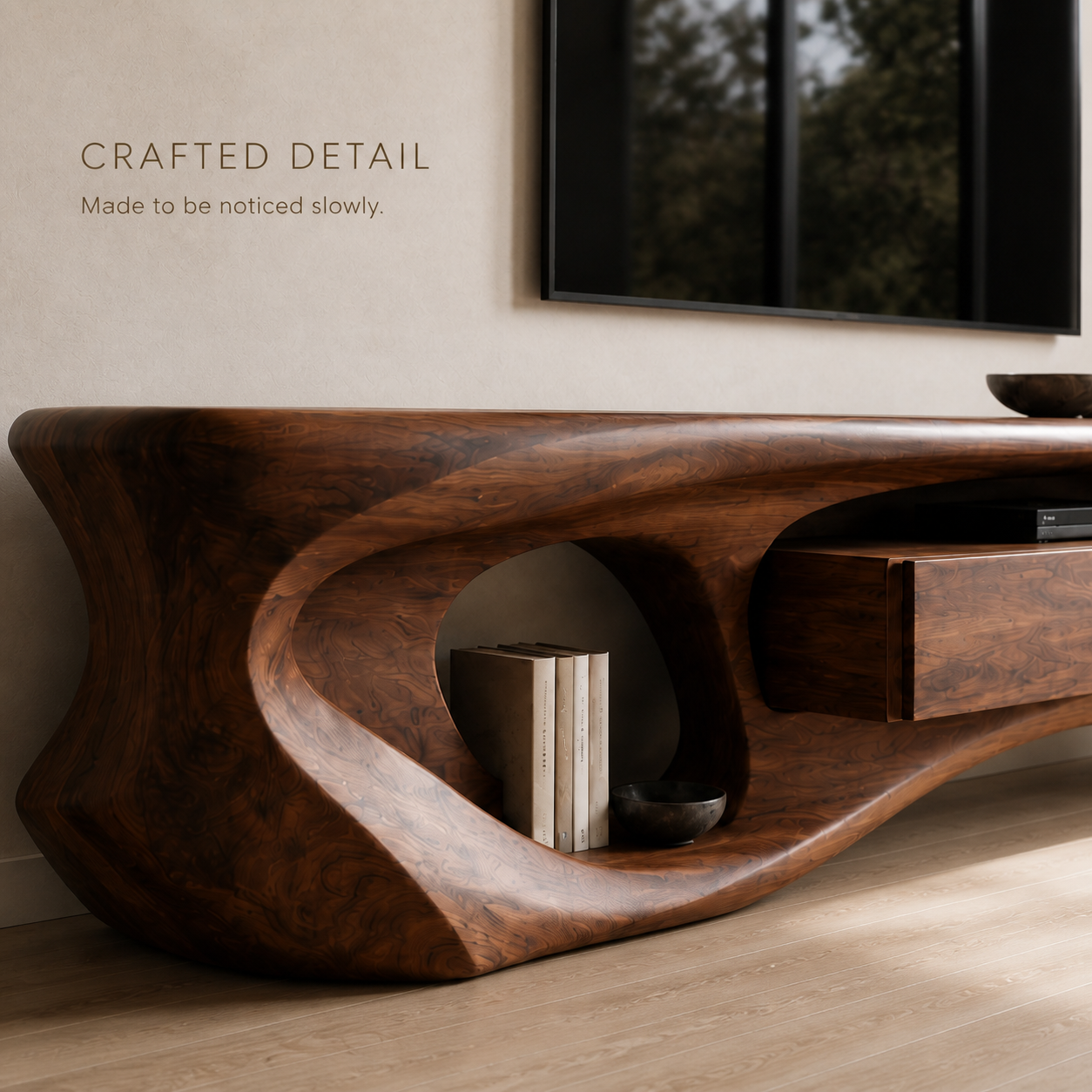 Soren Sculptural Solid Wood TV Stand - Design 007 - TV stand detail and styling view 05