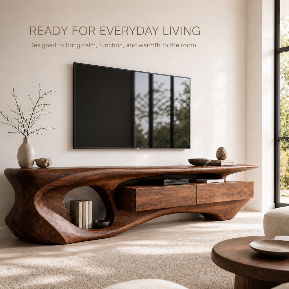 Soren Sculptural Solid Wood TV Stand - Design 007 - TV stand detail and styling view 06
