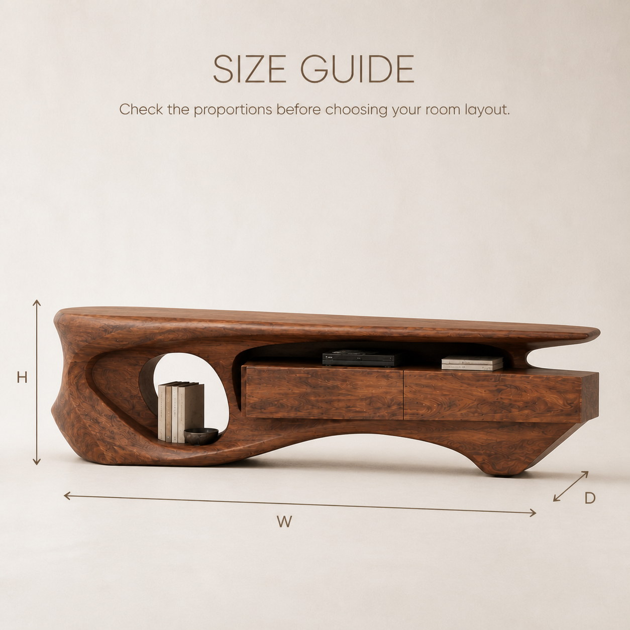Soren Sculptural Solid Wood TV Stand - Design 007 - TV stand detail and styling view 07