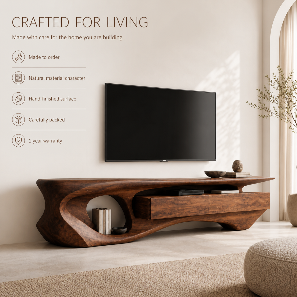 Soren Sculptural Solid Wood TV Stand - Design 007 - TV stand detail and styling view 08