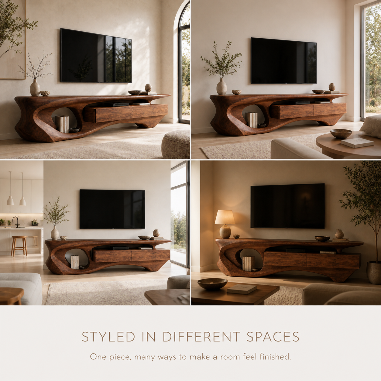 Soren Sculptural Solid Wood TV Stand - Design 007 - TV stand detail and styling view 09