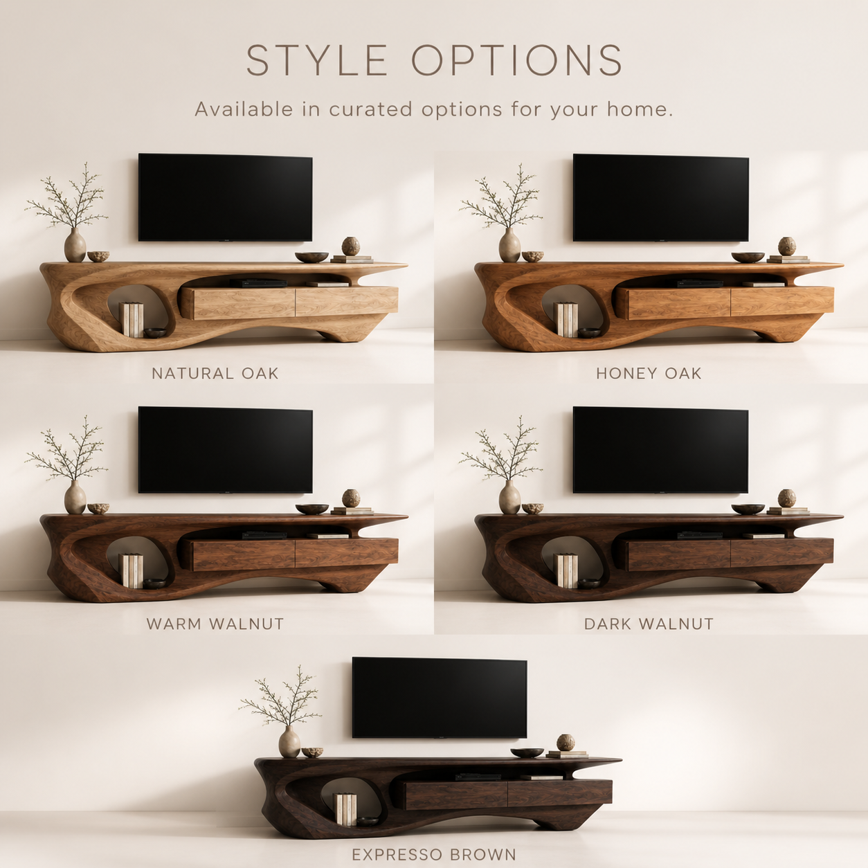 Soren Sculptural Solid Wood TV Stand - Design 007 - TV stand detail and styling view 10