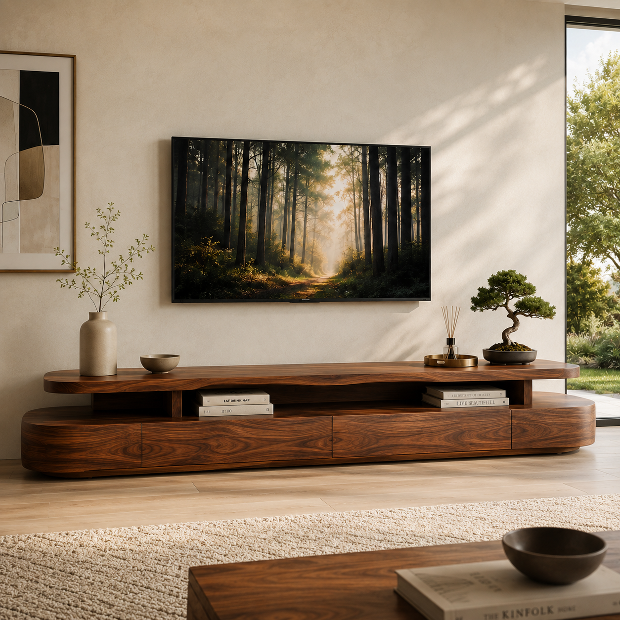 Liora Sculptural Solid Wood TV Stand - Design 008 - premium solid wood TV stand main lifestyle view