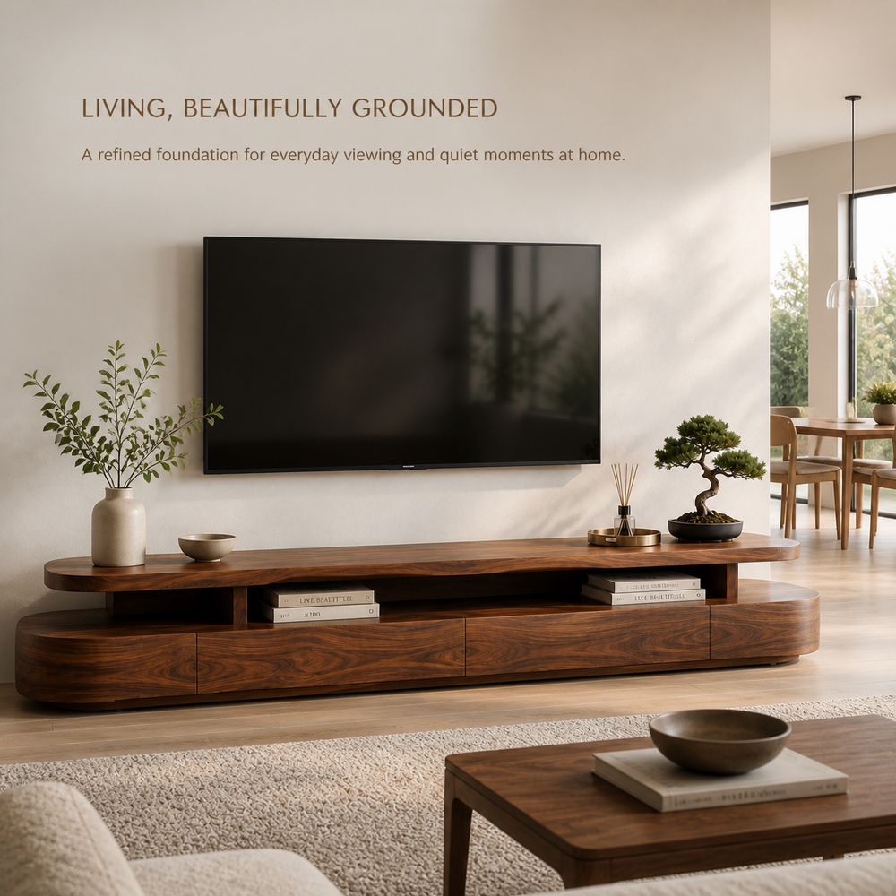 Liora Sculptural Solid Wood TV Stand - Design 008 - TV stand detail and styling view 01