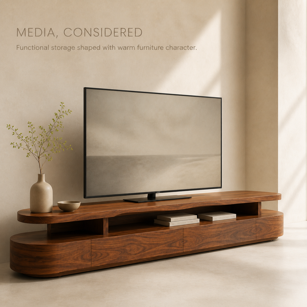 Liora Sculptural Solid Wood TV Stand - Design 008 - TV stand detail and styling view 02