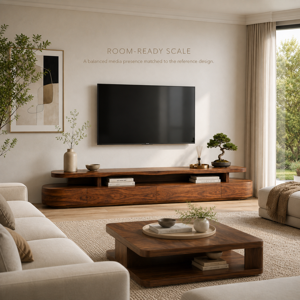 Liora Sculptural Solid Wood TV Stand - Design 008 - TV stand detail and styling view 03