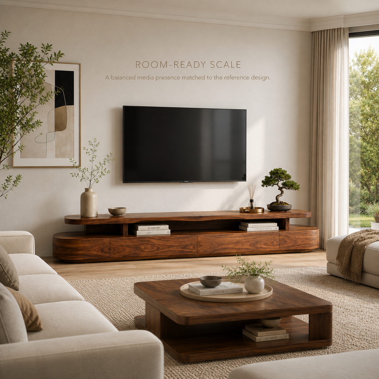 Liora Sculptural Solid Wood TV Stand - Design 008 - TV stand detail and styling view 03