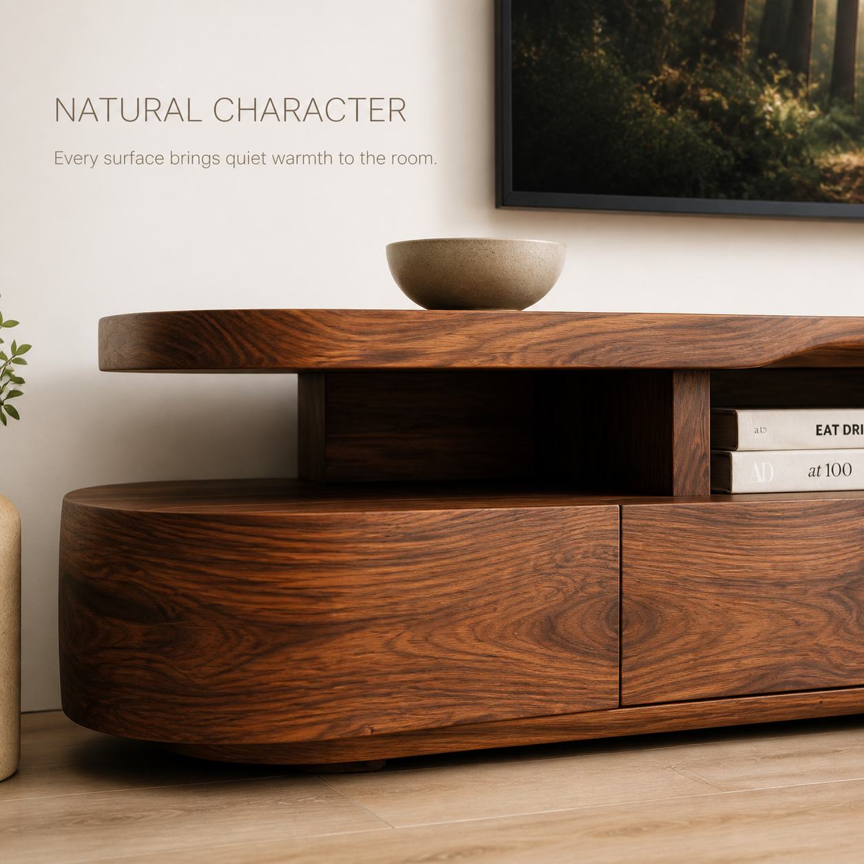 Liora Sculptural Solid Wood TV Stand - Design 008 - TV stand detail and styling view 04