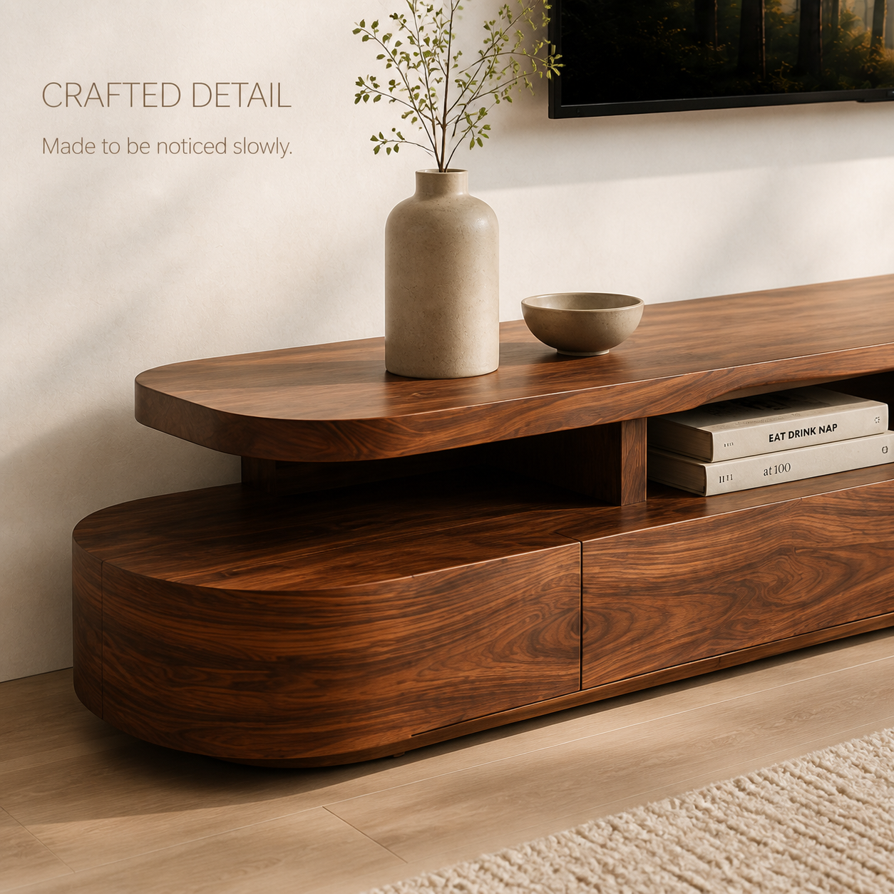 Liora Sculptural Solid Wood TV Stand - Design 008 - TV stand detail and styling view 05