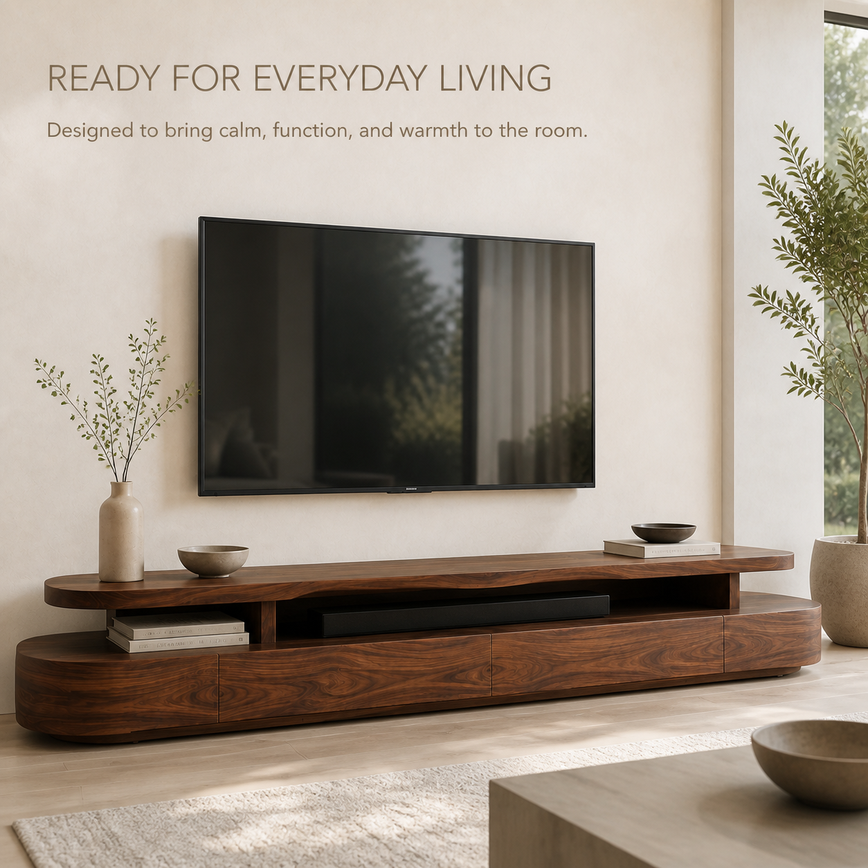 Liora Sculptural Solid Wood TV Stand - Design 008 - TV stand detail and styling view 06