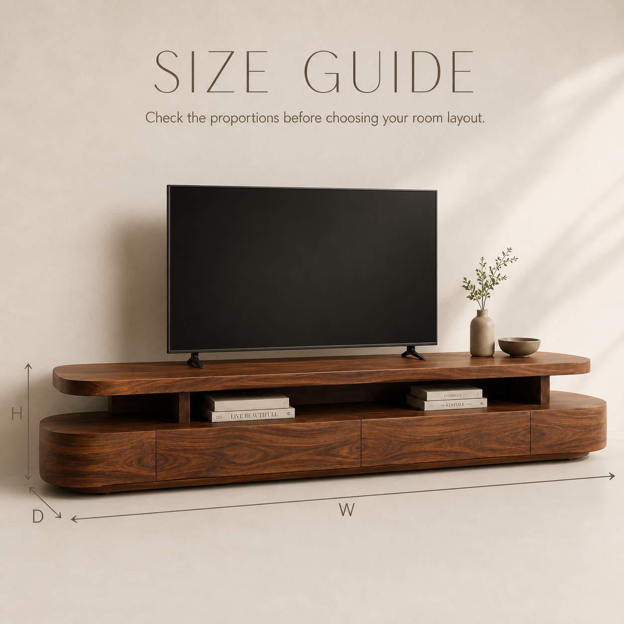 Liora Sculptural Solid Wood TV Stand - Design 008 - TV stand detail and styling view 07