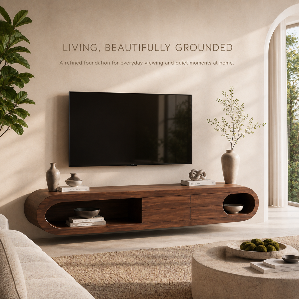 Nolan Sculptural Solid Wood TV Stand - Design 009 - TV stand detail and styling view 01
