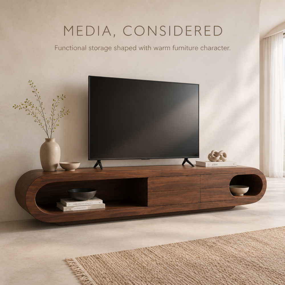Nolan Sculptural Solid Wood TV Stand - Design 009 - TV stand detail and styling view 02