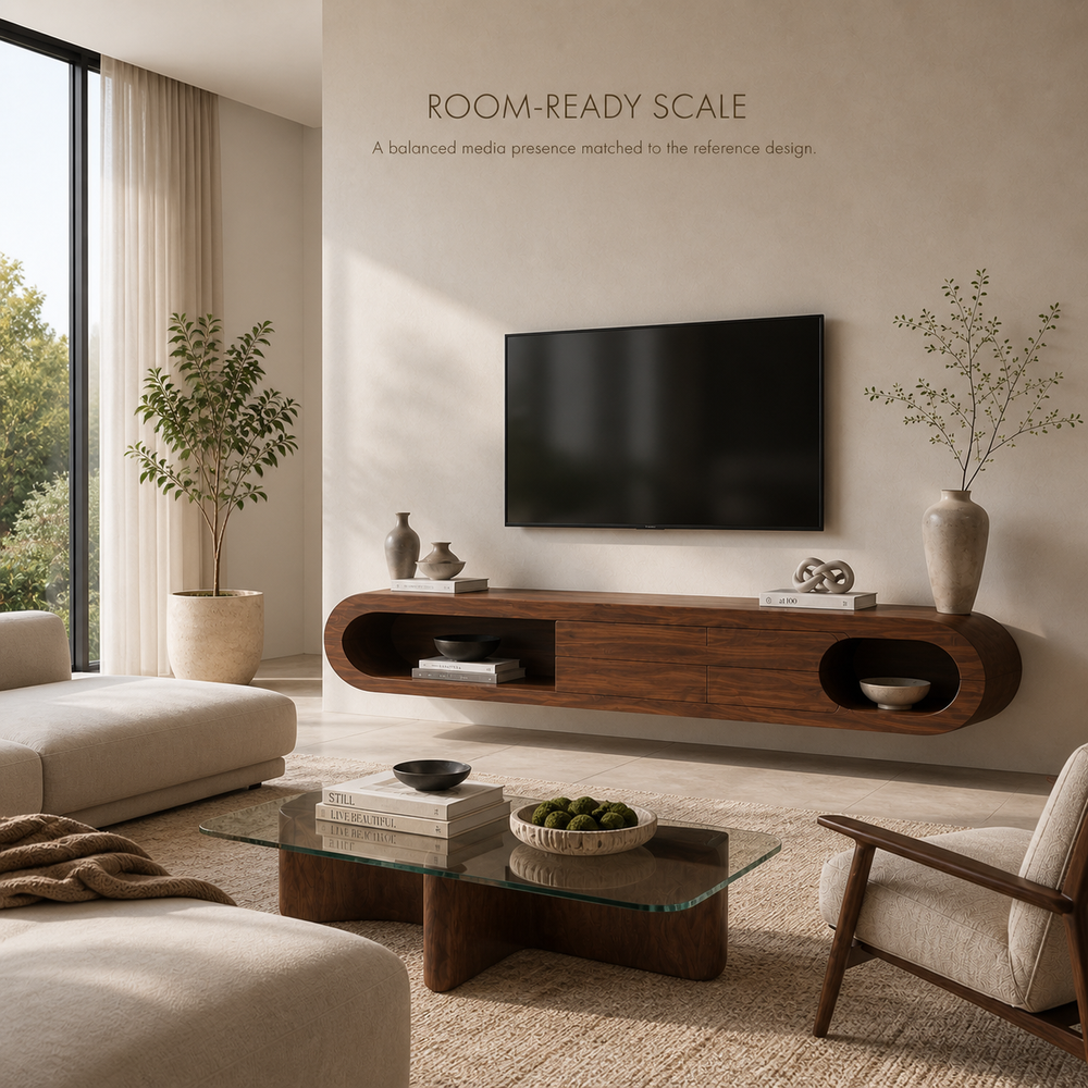Nolan Sculptural Solid Wood TV Stand - Design 009 - TV stand detail and styling view 03