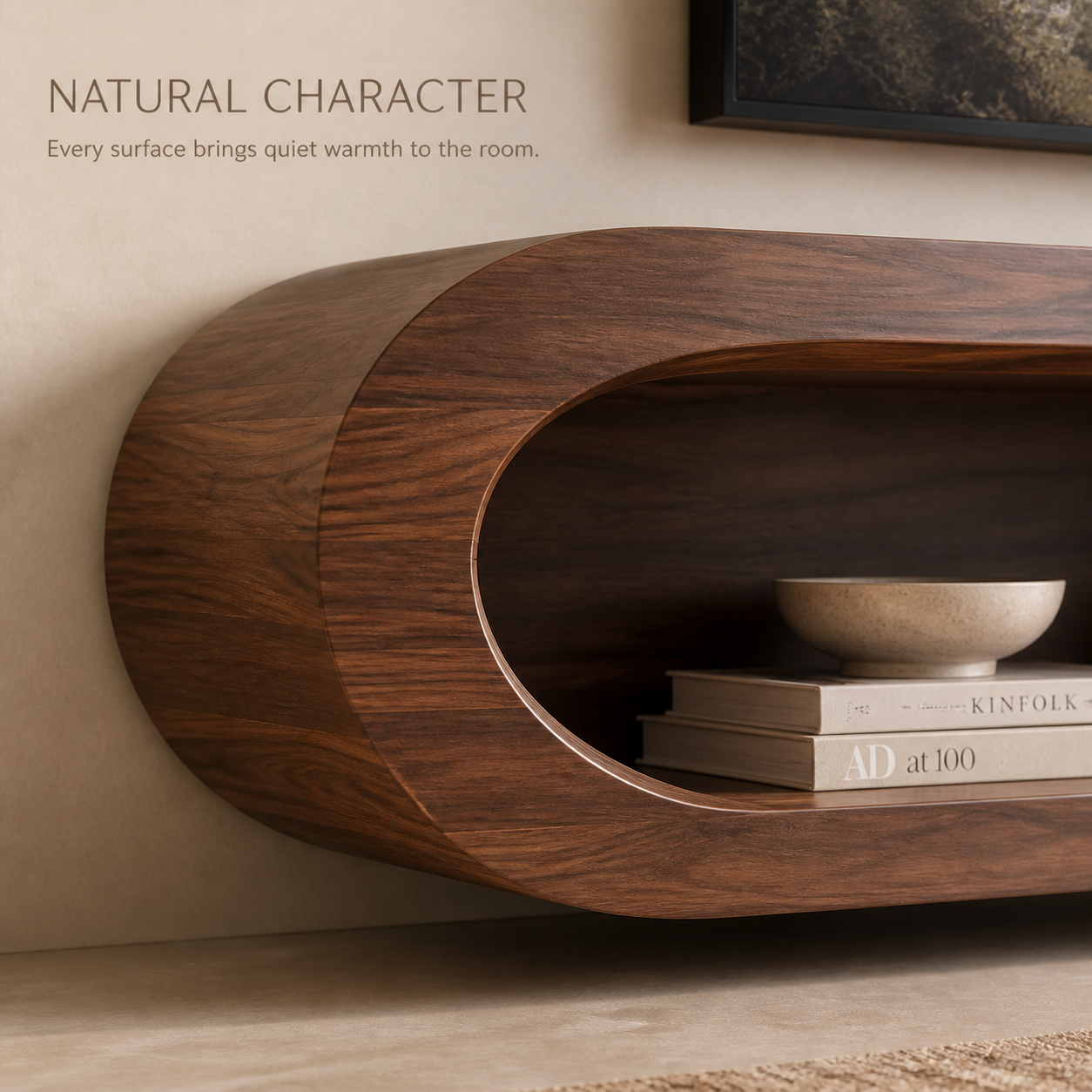 Nolan Sculptural Solid Wood TV Stand - Design 009 - TV stand detail and styling view 04