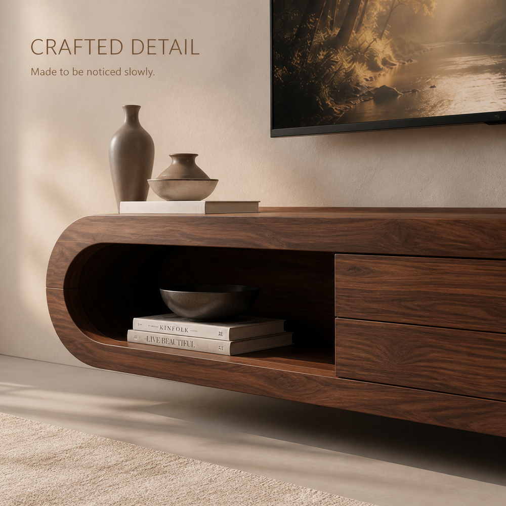 Nolan Sculptural Solid Wood TV Stand - Design 009 - TV stand detail and styling view 05