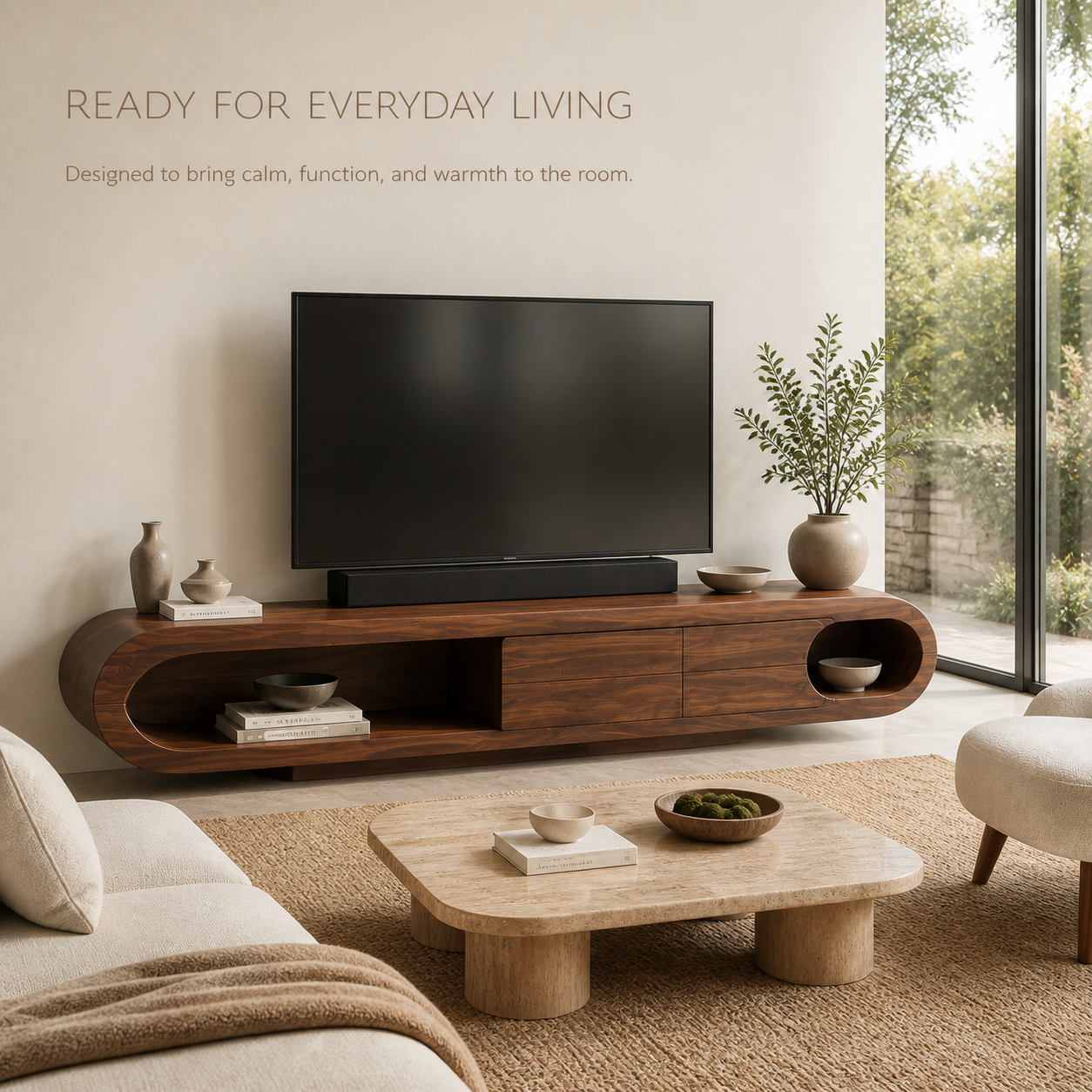 Nolan Sculptural Solid Wood TV Stand - Design 009 - TV stand detail and styling view 06