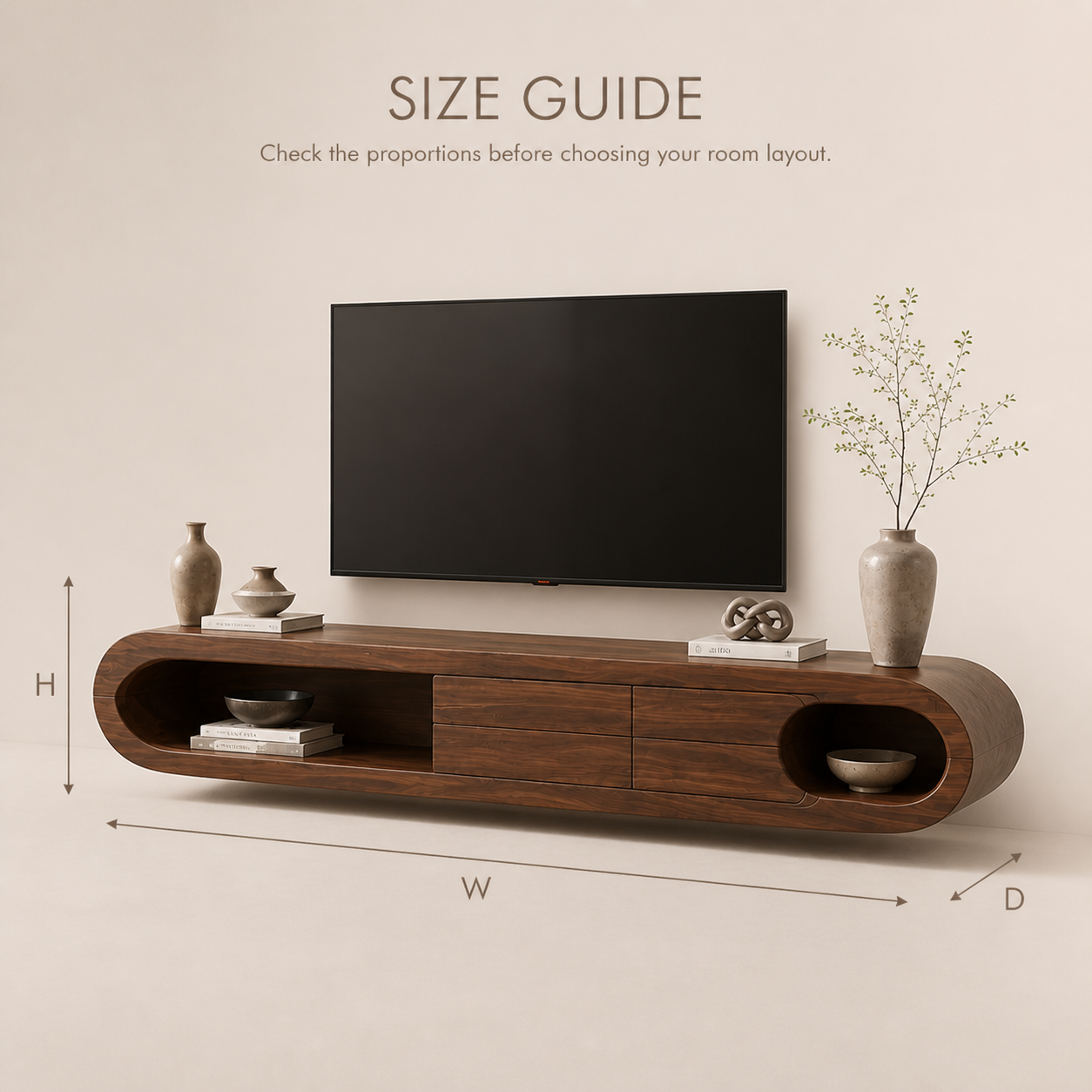 Nolan Sculptural Solid Wood TV Stand - Design 009 - TV stand detail and styling view 07