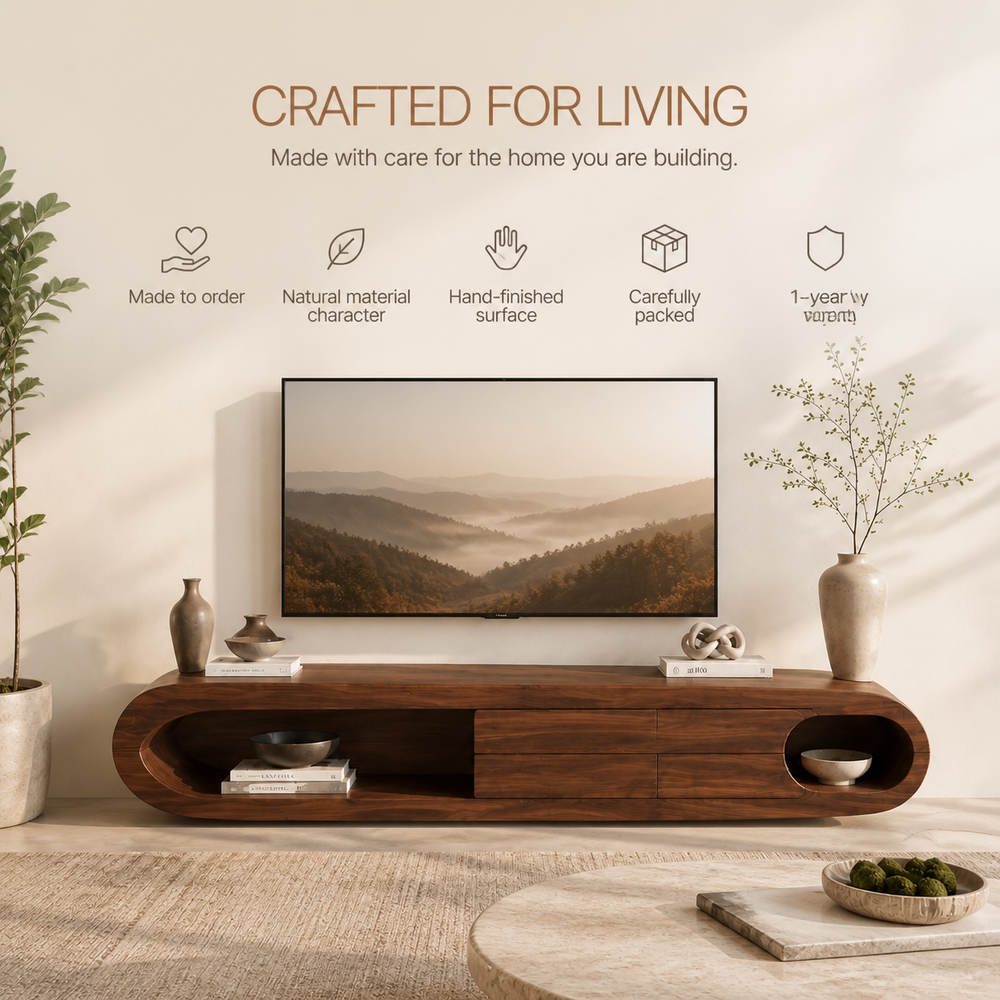 Nolan Sculptural Solid Wood TV Stand - Design 009 - TV stand detail and styling view 08