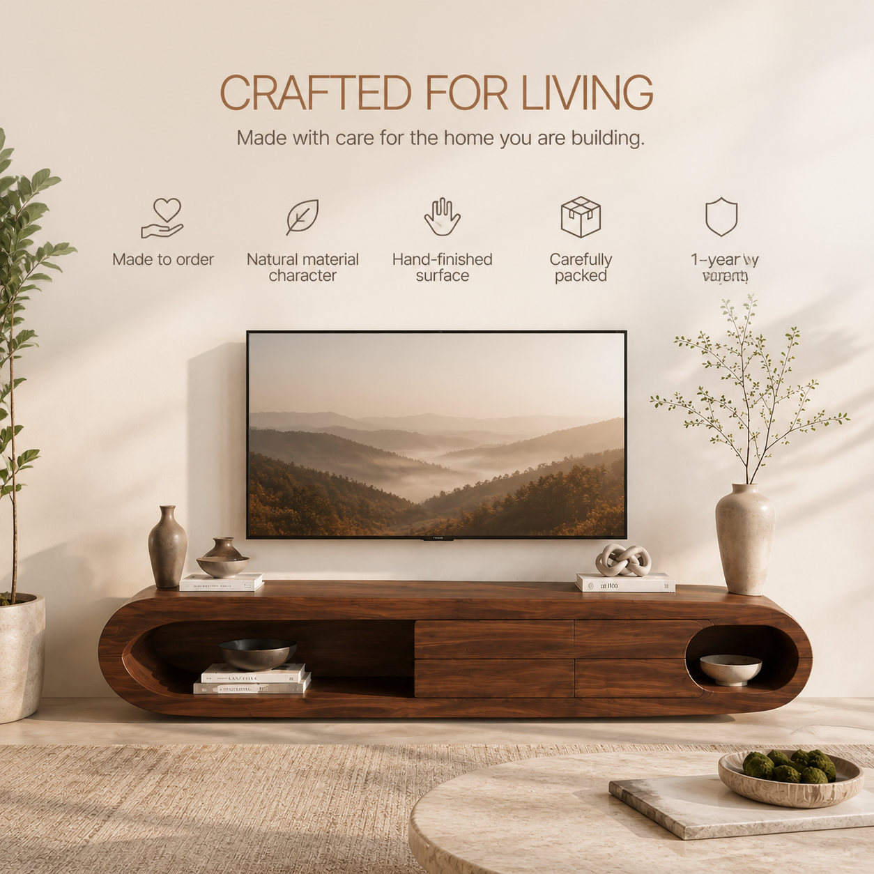 Nolan Sculptural Solid Wood TV Stand - Design 009 - TV stand detail and styling view 08