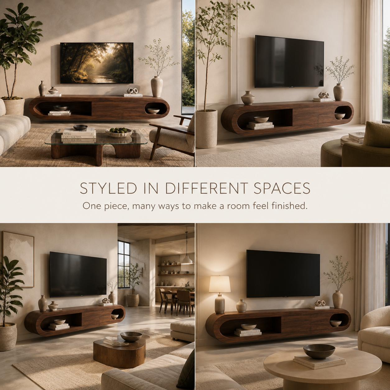 Nolan Sculptural Solid Wood TV Stand - Design 009 - TV stand detail and styling view 09