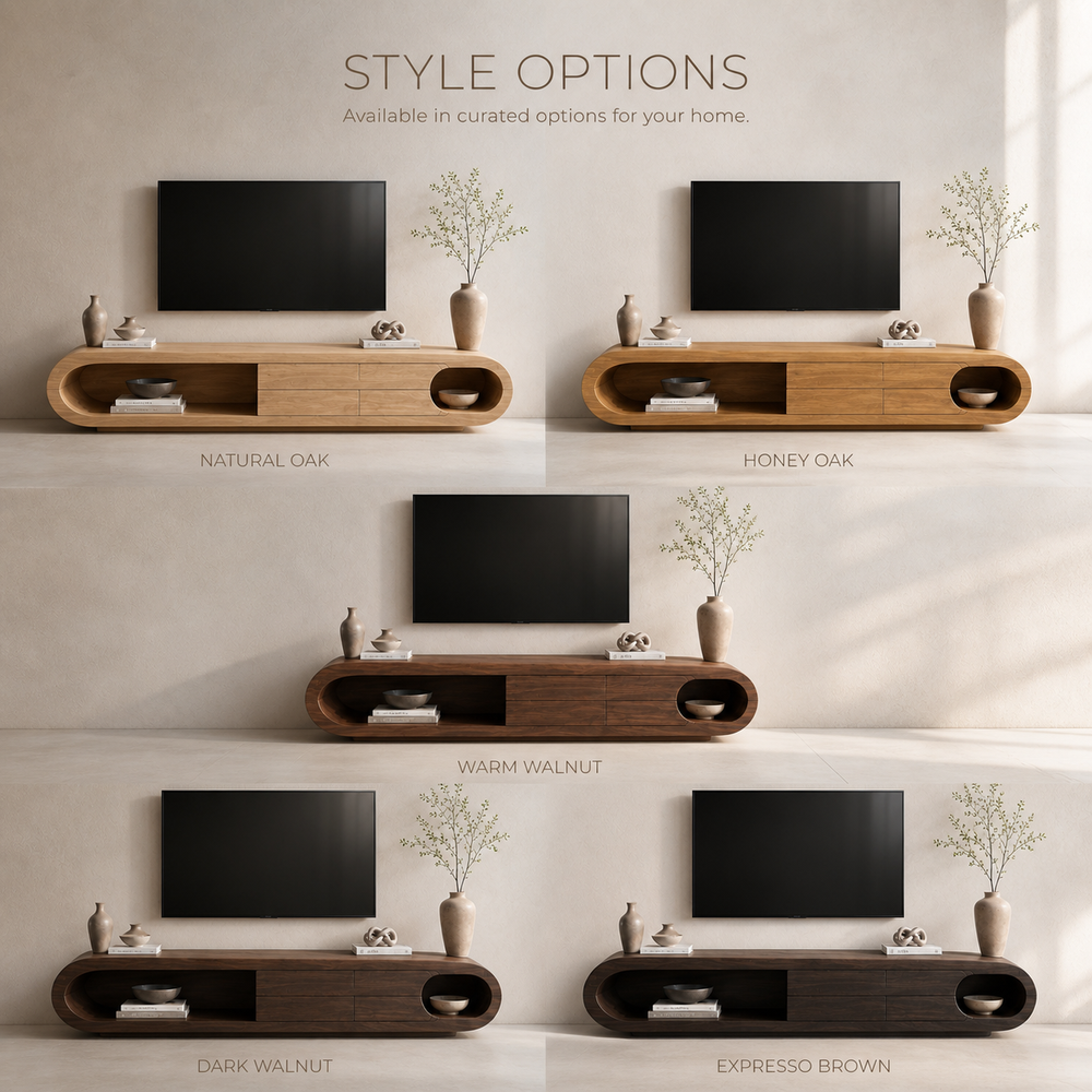 Nolan Sculptural Solid Wood TV Stand - Design 009 - TV stand detail and styling view 10