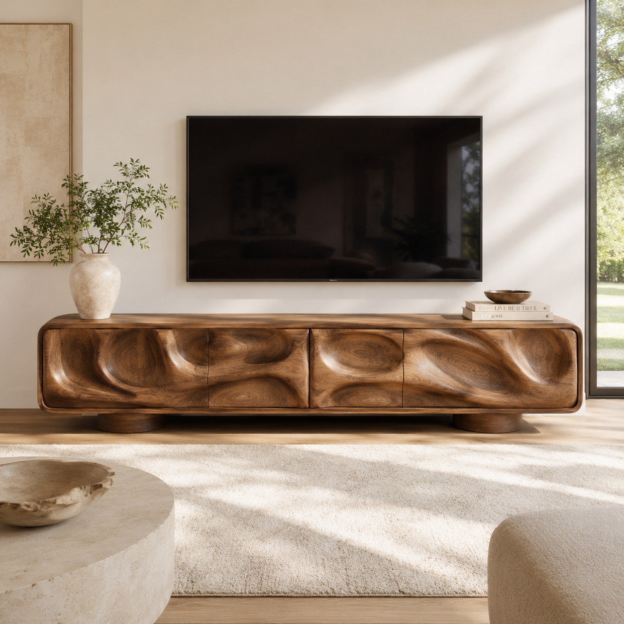 Brielle Sculptural Solid Wood TV Stand - Design 010 - premium solid wood TV stand main lifestyle view
