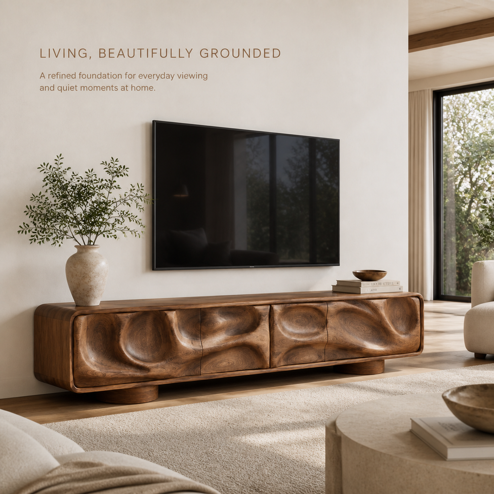 Brielle Sculptural Solid Wood TV Stand - Design 010 - TV stand detail and styling view 01