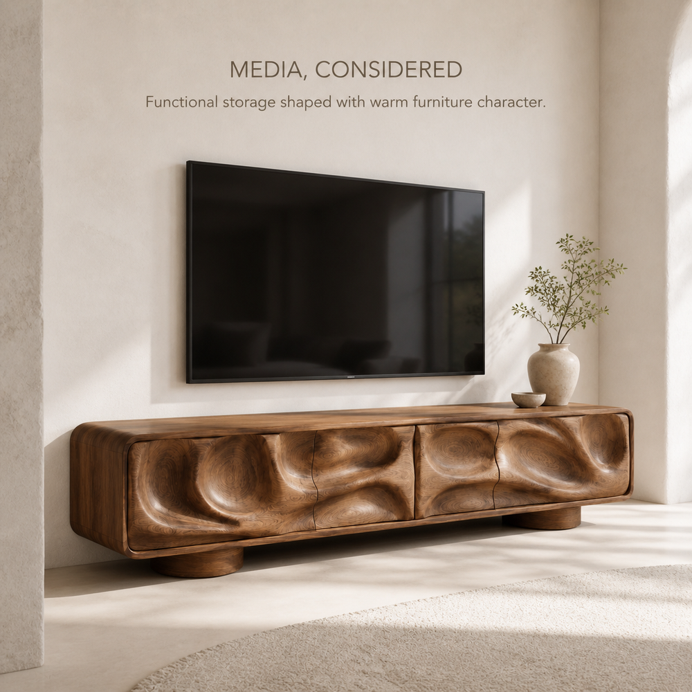 Brielle Sculptural Solid Wood TV Stand - Design 010 - TV stand detail and styling view 02