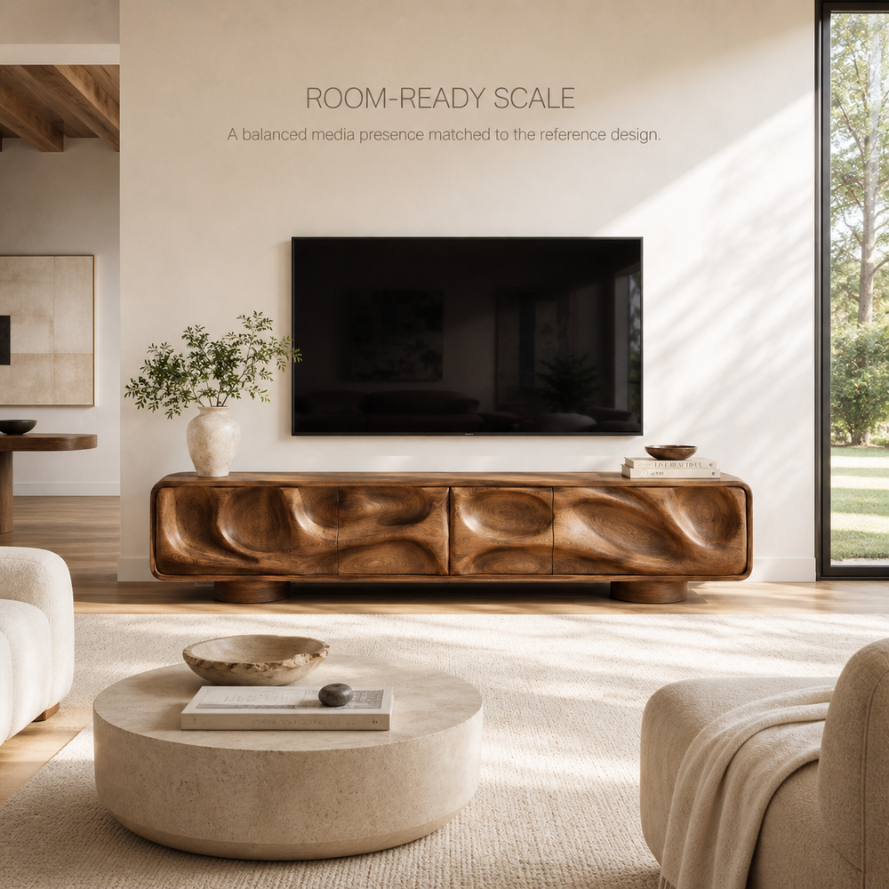 Brielle Sculptural Solid Wood TV Stand - Design 010 - TV stand detail and styling view 03