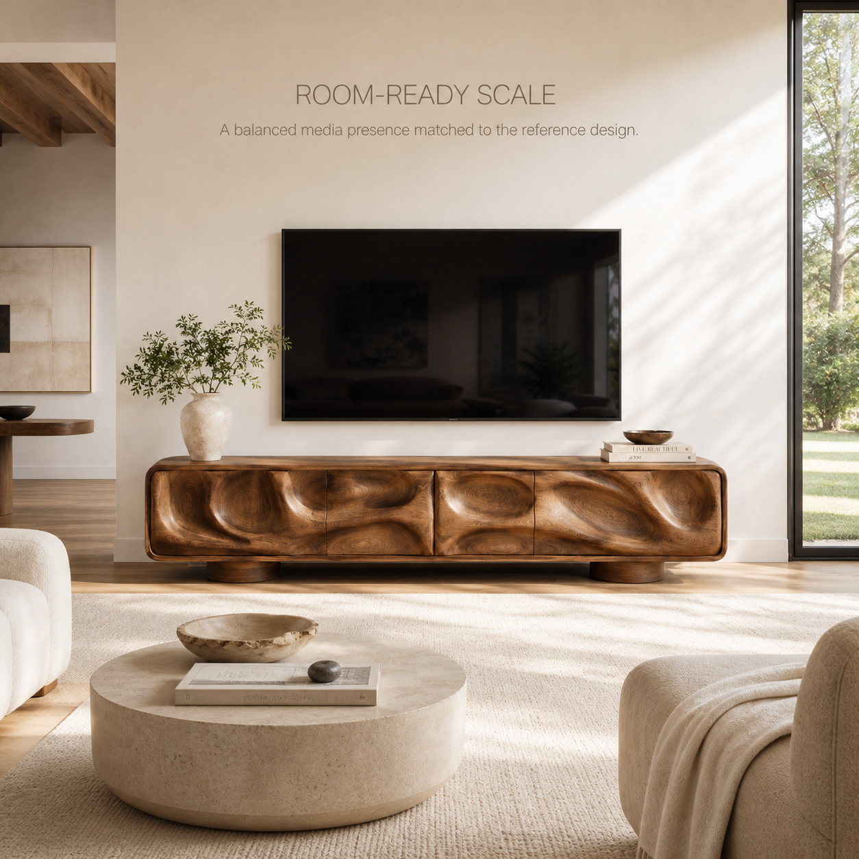 Brielle Sculptural Solid Wood TV Stand - Design 010 - TV stand detail and styling view 03