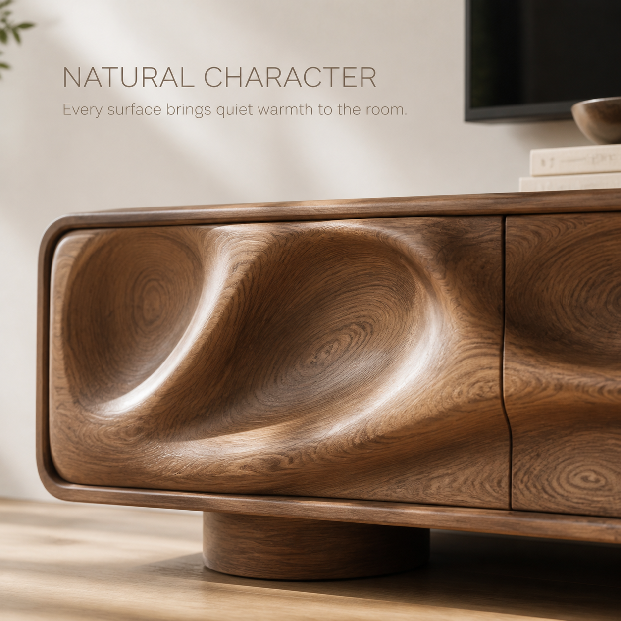 Brielle Sculptural Solid Wood TV Stand - Design 010 - TV stand detail and styling view 04