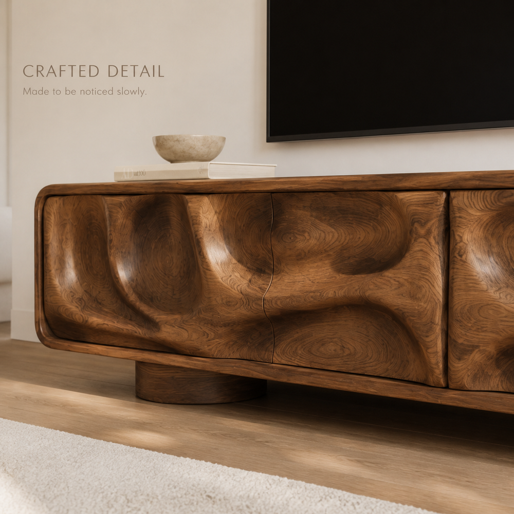 Brielle Sculptural Solid Wood TV Stand - Design 010 - TV stand detail and styling view 05