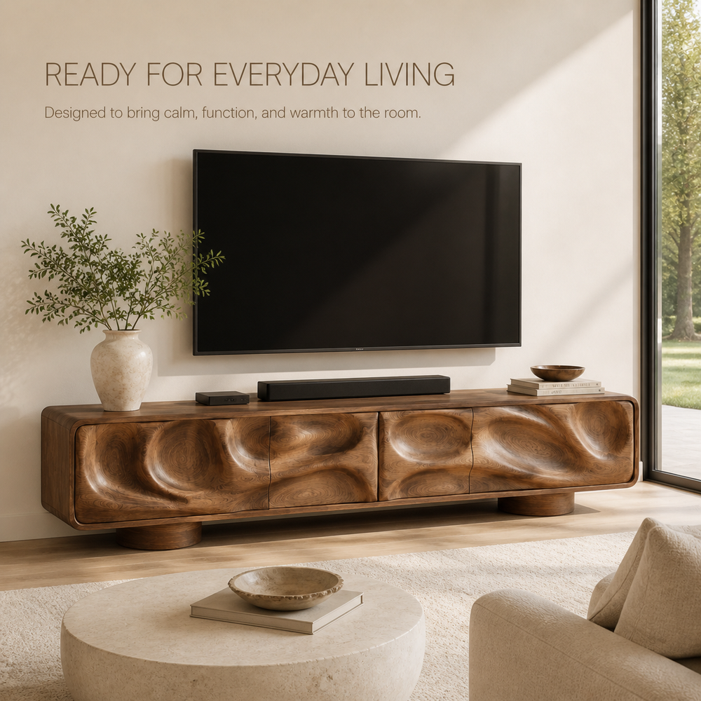 Brielle Sculptural Solid Wood TV Stand - Design 010 - TV stand detail and styling view 06