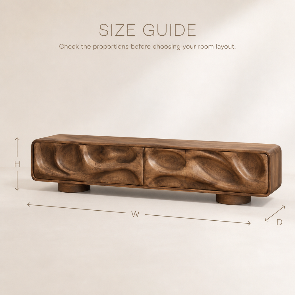 Brielle Sculptural Solid Wood TV Stand - Design 010 - TV stand detail and styling view 07