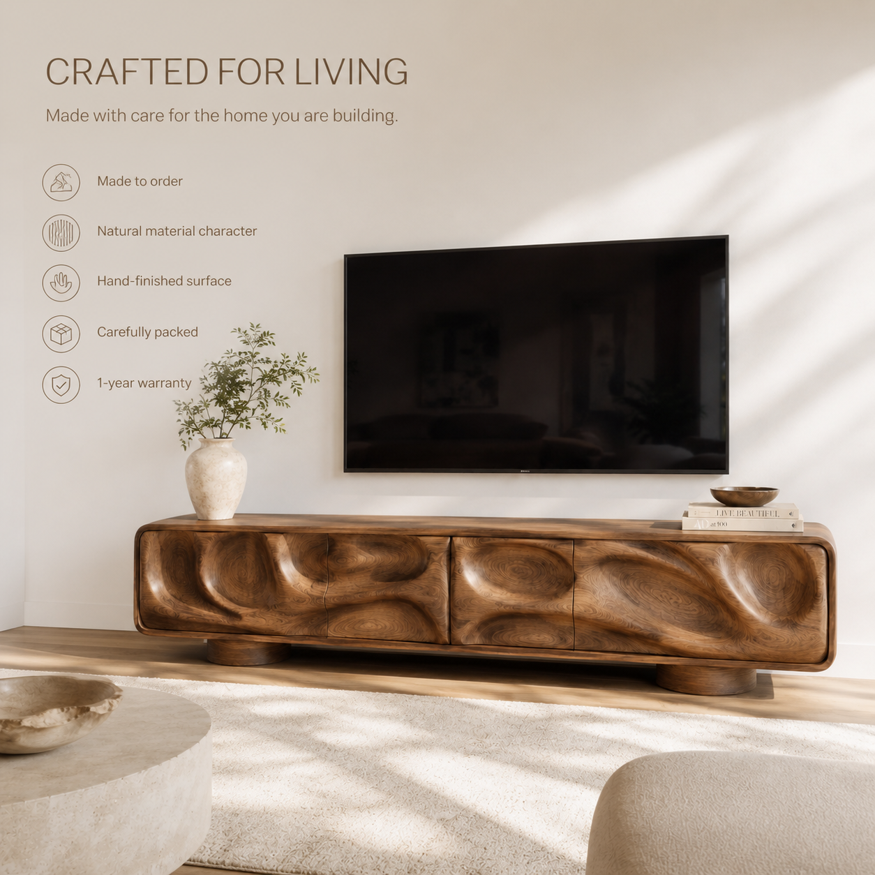 Brielle Sculptural Solid Wood TV Stand - Design 010 - TV stand detail and styling view 08
