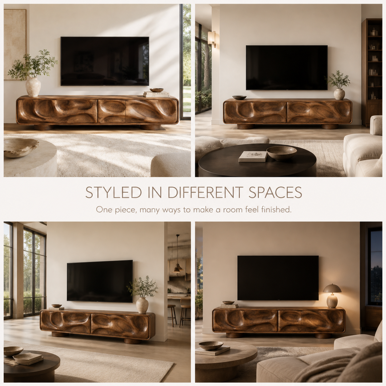 Brielle Sculptural Solid Wood TV Stand - Design 010 - TV stand detail and styling view 09