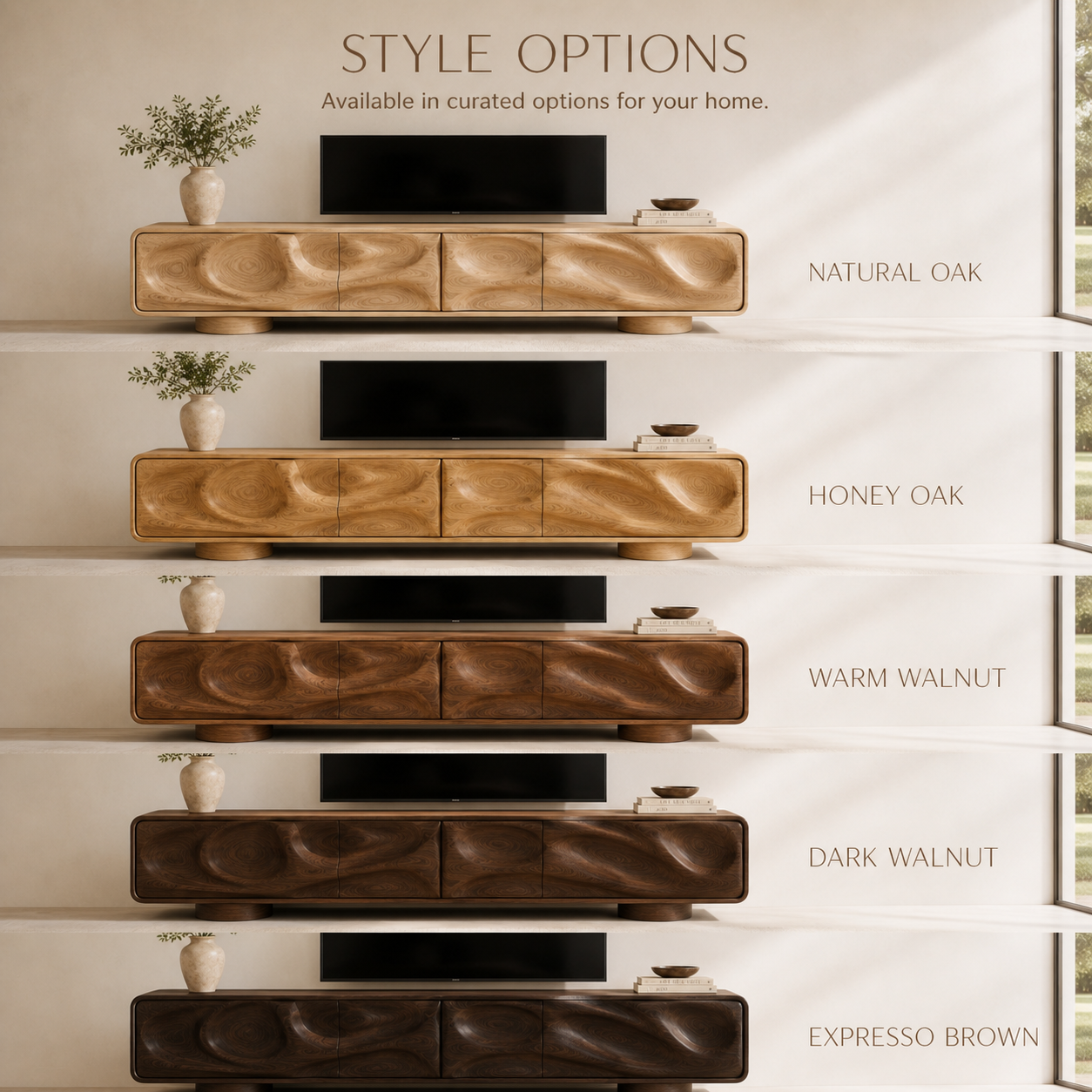 Brielle Sculptural Solid Wood TV Stand - Design 010 - TV stand detail and styling view 10