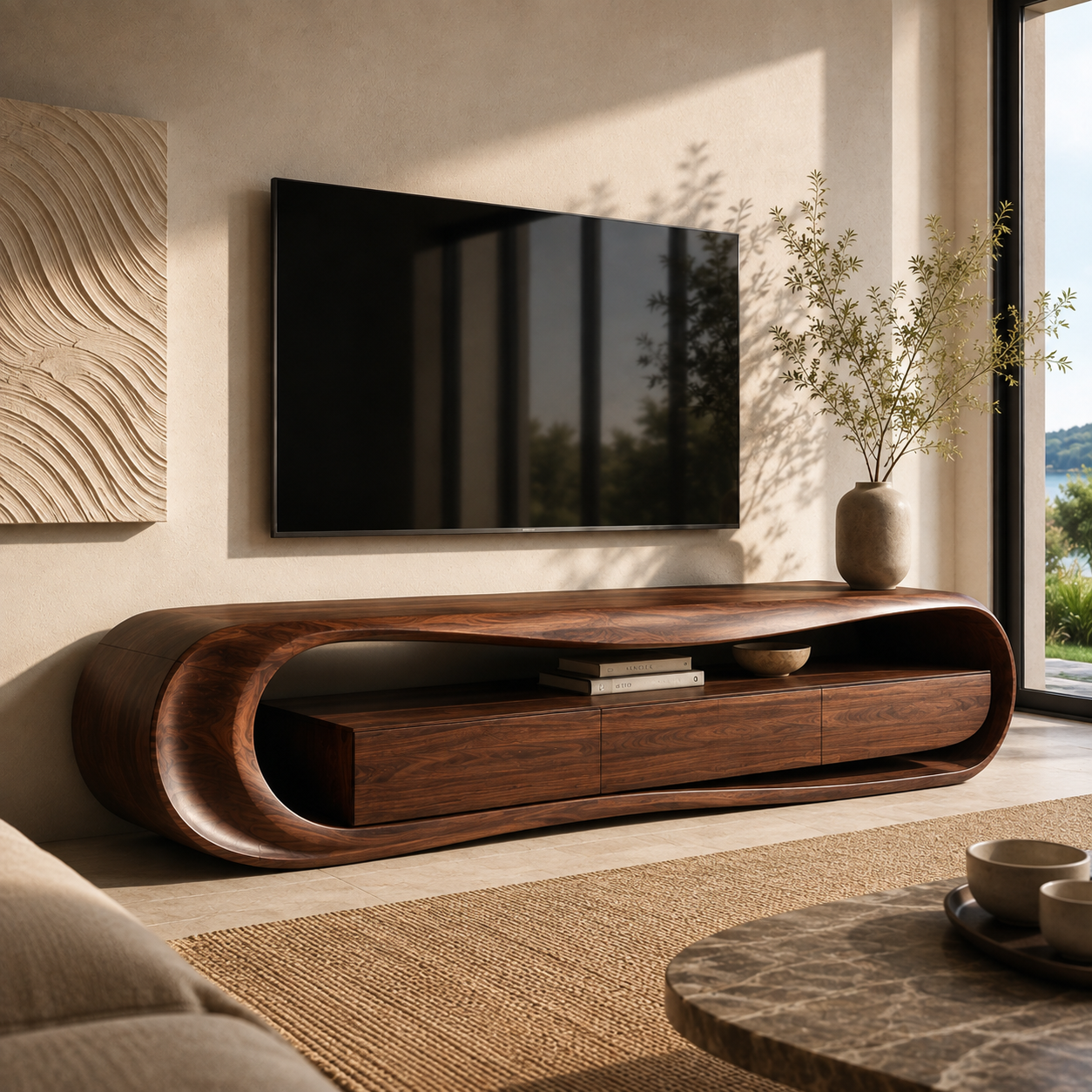 Orin Sculptural Solid Wood TV Stand - Design 011 - premium solid wood TV stand main lifestyle view