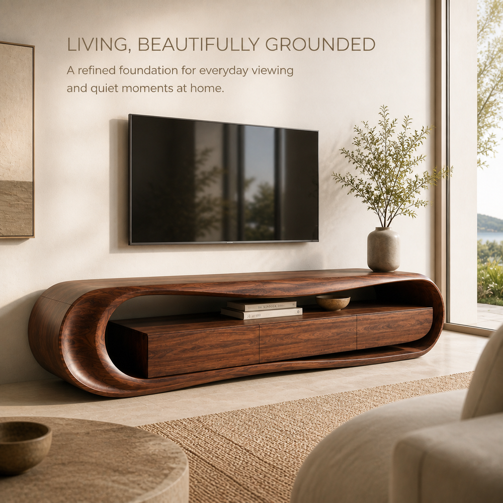 Orin Sculptural Solid Wood TV Stand - Design 011 - TV stand detail and styling view 01