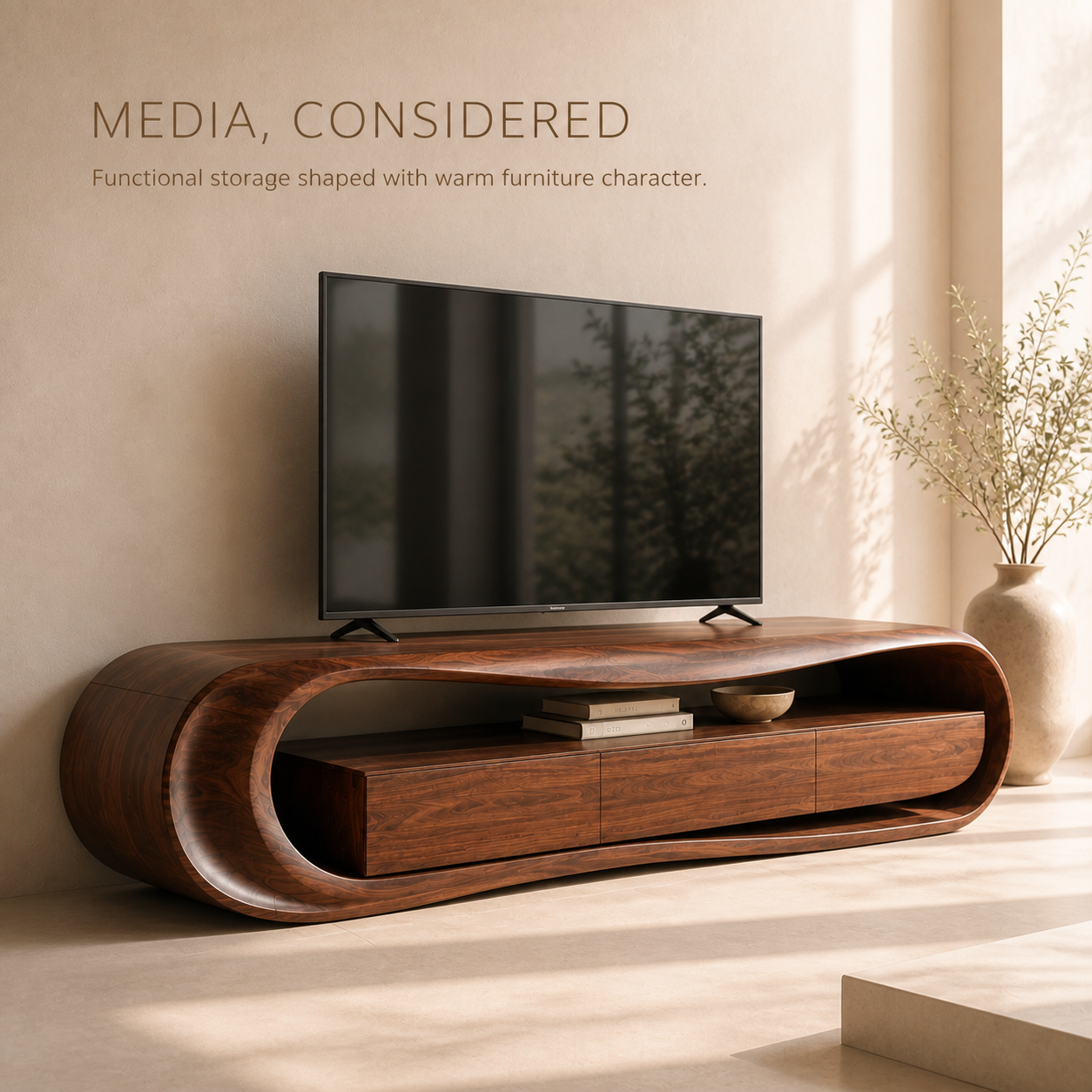 Orin Sculptural Solid Wood TV Stand - Design 011 - TV stand detail and styling view 02