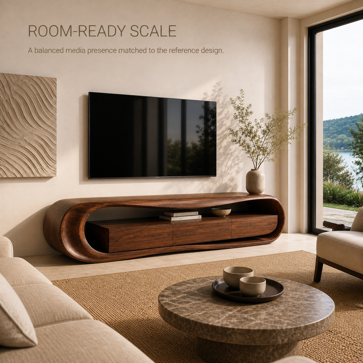 Orin Sculptural Solid Wood TV Stand - Design 011 - TV stand detail and styling view 03