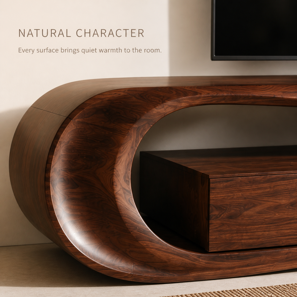 Orin Sculptural Solid Wood TV Stand - Design 011 - TV stand detail and styling view 04