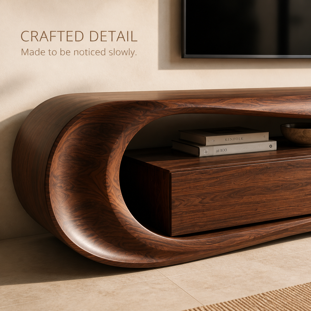Orin Sculptural Solid Wood TV Stand - Design 011 - TV stand detail and styling view 05